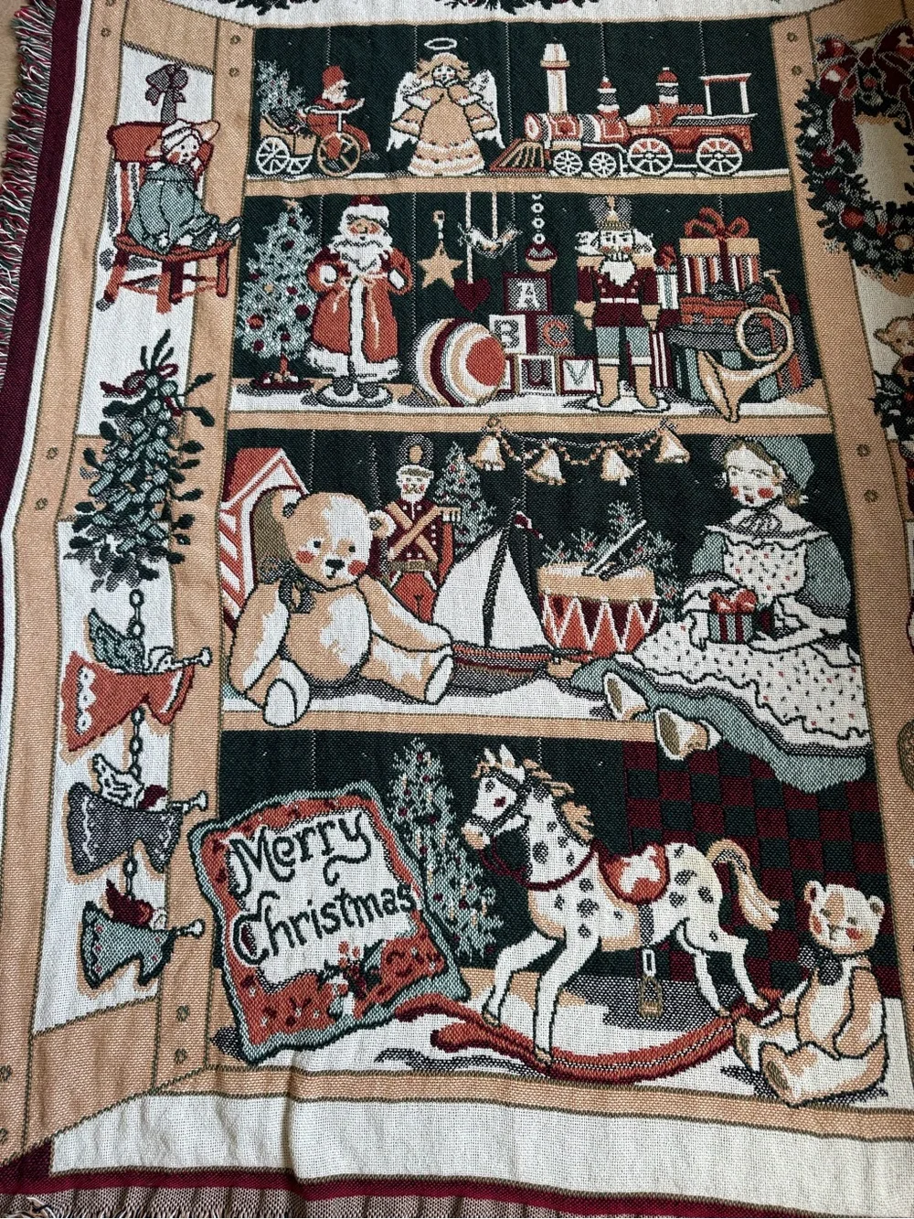 Vintage Fieldcrest Antique Holiday Throw Blanket - Burgundy, Green, Cream